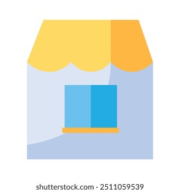 Vector little shop with a window in a colorful flat style. Merchandise, entrepreneurship, and market symbol. The icon is suitable for web design, online shop, print, and social media posts. 