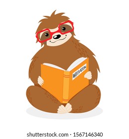 Vector little sitting sloth in red glasses reading yellow motivation book. Hand drawn scandinavian art in cartoons style. Cute childish animal art isolated on white background. Motivation concept. 