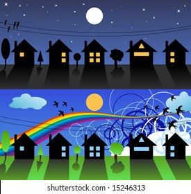 vector of little street in day and night