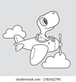 Vector little sweet dinosaur flying an airplane among the clouds