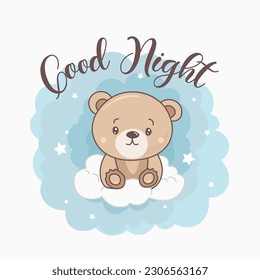 Vector little teddy sitting on the cloud and watching stars illustration cute bear