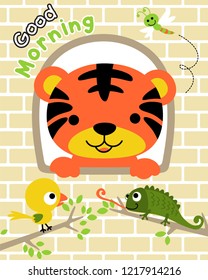 Vector of little tiger cartoon in the window with bird, dragonfly and chameleon on tree branches