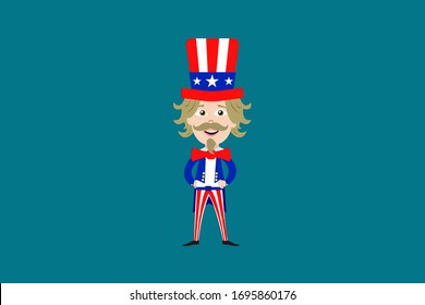 Vector of little Uncle Sam in colorful outfit of USA flag colors on blue background