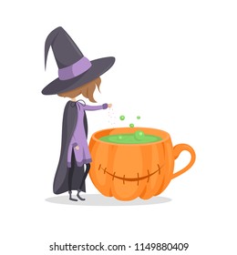 Vector little witch adds ingredients to potion. Coffee cup. Happy Halloween