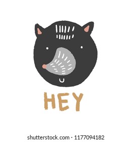 Vector little wolf face. Scandinavian style kids graphic. Hand drawn illustration