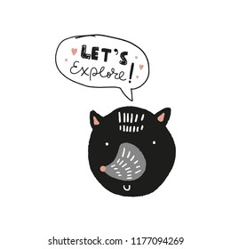 Vector little wolf face. Scandinavian style kids graphic. Hand drawn illustration