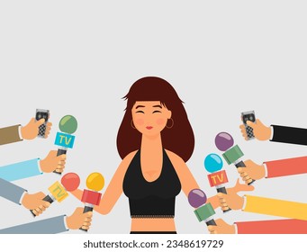 vector live report concept, live news, hands of journalists with microphones and tape recorders.