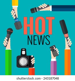 vector live report concept, live news, hands of journalists with microphones and tape recorders
