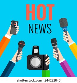 vector live report concept, live news, hands of journalists with microphones and tape recorders