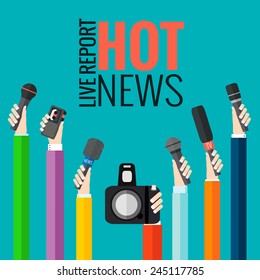 vector live report concept, live news, hands of journalists with microphones and tape recorders