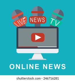 vector live report concept, live news,  microphones and computer
