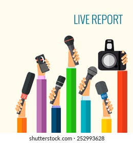 vector live report concept, live news, hands of journalists with microphones and tape recorders