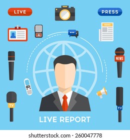 Vector live report concept, live news. Mass media flat style illustration. Live press conference concept. Male interviewer with journalism elements around him. Vector illustration