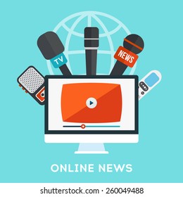 Vector live report concept, live news. Online news broadcasting icon in flat design. Live press conference icon concept. Vector illustration