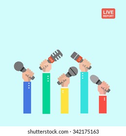 vector live report concept, live news, hands of journalists with microphones  on press conference or interview, 