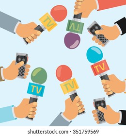 vector live report concept, live news, hands of journalists with microphones and tape recorders