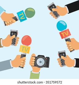 vector live report concept, live news, hands of journalists with microphones and tape recorders