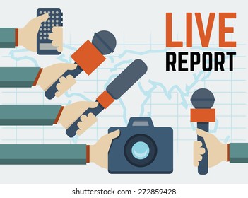Vector live report, live news concept, hands of journalists with microphones, tape recorder and photo camera