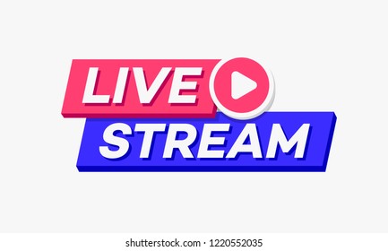 Vector live stream logo bold 3d style with play button isolated on background for  blog, player, broadcast, website. online radio, media labels. Live stream banner. 10 eps