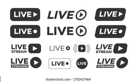 Vector live streaming icon set black color isolated on white background. Symbol for social media. LIVE button for logo, sign, ui, app development, TV broadcasting. 10 eps