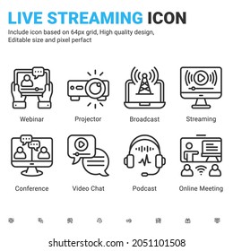 Vector live streaming icons vector with outline color style isolated on white background. Stream broadcast, online meeting zoom, internet conference, podcast, chat recording a webinar sign symbol icon