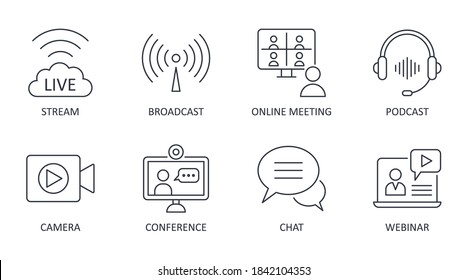 Vector live streaming icons. Set is editable stroke. Stream broadcast online meeting zoom. Podcast headphones camera internet conference chat recording a webinar. - Shutterstock ID 1842104353