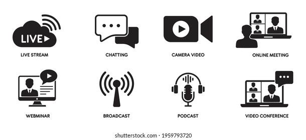 Vector live streaming icons. Set is editable stroke. Stream broadcast online meeting zoom. Podcast headphones camera internet conference chat recording a webinar.