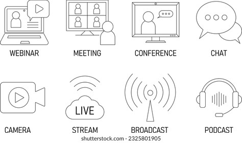 Vector live streaming icons. Set is editable stroke. Stream broadcast online meeting zoom. Podcast headphones camera internet conference chat recording a webinar