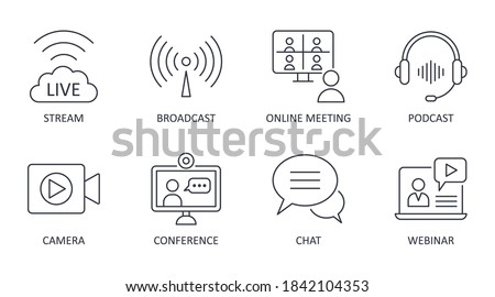 Vector live streaming icons. Set is editable stroke. Stream broadcast online meeting zoom. Podcast headphones camera internet conference chat recording a webinar. ストックフォト © 