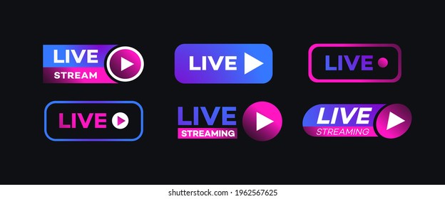 Vector live streaming sign set neon style isolated on transparent background. Symbol for social media. LIVE button for logo, icon, ui, app development, TV broadcasting. Vector 10 eps