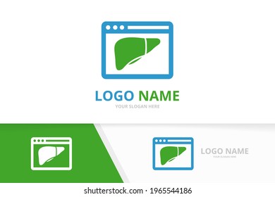 Vector liver and browser logo combination. Unique organ and web page logotype design template.