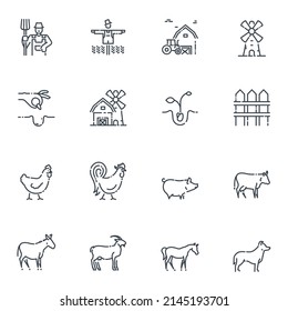 Vector livestock and farming line icon set isolated on transparent background. 