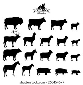 Vector Livestock Silhouettes Isolated on White