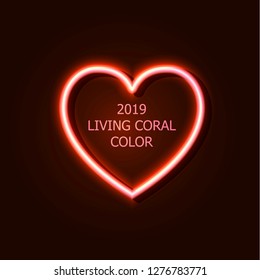 Vector Living Coral Color Neon Heart, Design Trend of the 2019 Year, Shining Illustration.