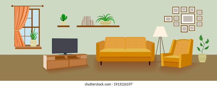 Vector Living Room Background, Interior Cartoon Illustration, Background Template, Sofa, TV, Window And Chair.