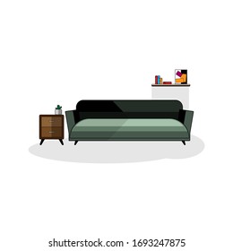 Vector living room design for use interior decorations has green sofa, side table, cactus and bookshelf.