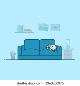Vector living room flat icon with cute cat on sofa,lamp,plant,bookshelf,picture frame.