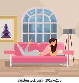Vector living room with girl. Flat illustration