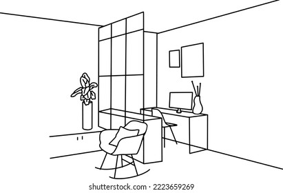 interior vectorial de la sala de estar, libro de colorear, página de colorear, bosquejo en blanco y negro dibujado por línea aislada a mano sobre fondo blanco
