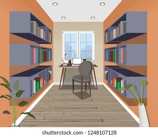 Vector living room. interior design with furniture: bookshelf, table, lamps, window, computer, books. Interior of working place concept. Illustration work place.