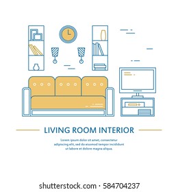 Vector living room interior design brochure cover in line style. Flyer home decoration. Business presentation minimalistic background. Magazine catalog geometric house elements. Poster or booklet