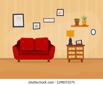 Vector. Living room interior: wall, sofa, light, plants. The wall is decorated with paintings. Cartoon flat style vector illustration. Can be used as poster, for article,prints. EPS10