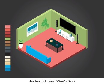 Vector living room isometric interior with cartoon style decorations stuff and furniture carpet tv set.