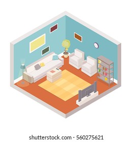 Vector living room isometric interior with cartoon style decorations stuff and furniture carpet tv set. Vector illustration isolated on white background. Pastel light colors.