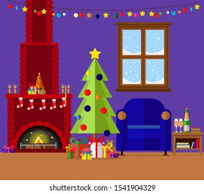 Vector living room prepared for the celebration of new year and Christmas.