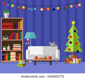 Vector living room prepared for the celebration of new year and Christmas.