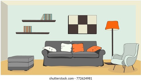 vector, living room with sofa