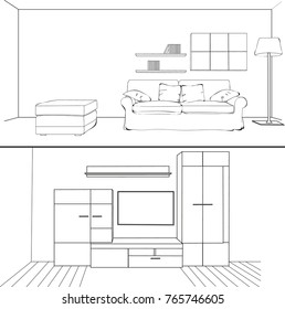 vector, living room with sofa, sketch 