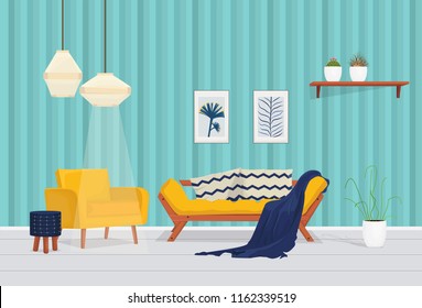 Vector living room / Yellow sofa with Navy blue pillows in living room interior with plants, Yellow sofa and poster. Illustration.
