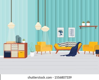 Vector living room / Yellow sofa with Navy blue pillows in living room interior with plants, Yellow sofa and poster. Illustration. - Vector

